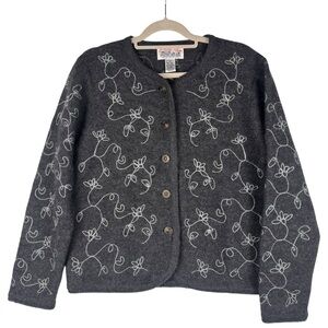 Tally Ho Cardigan Sweater Vintage 70s 80s Gray 100% Wool Embroidered Size M